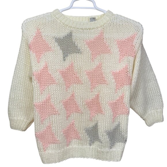 SML Sport Womens Hand Knit Sweater Medium Pink Gray Stars Vintage Acrylic - Picture 1 of 4
